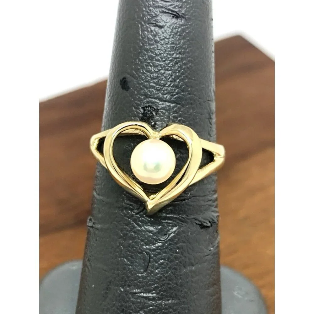 Pearl Cocktail Ring Heart Shape 14k Yellow Gold Estate Jewelry Women's Size 6.25